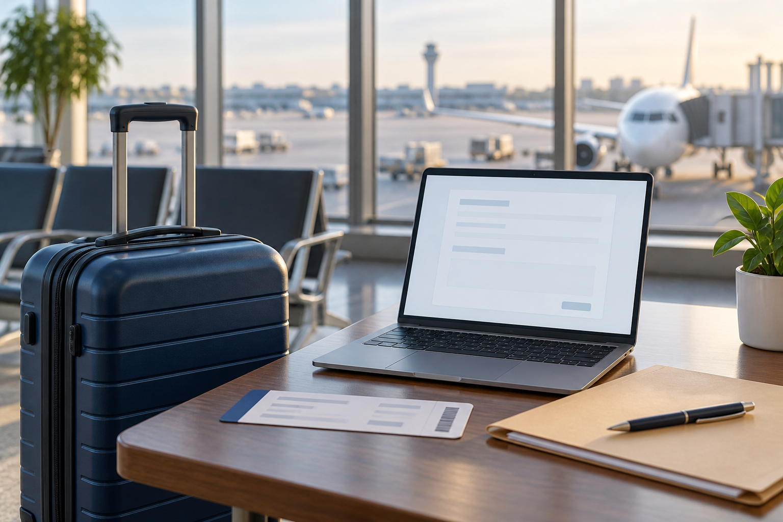 Mala, computador e documentos de viagem em terminal de aeroporto; cena ilustrativa sem companhia identificada.