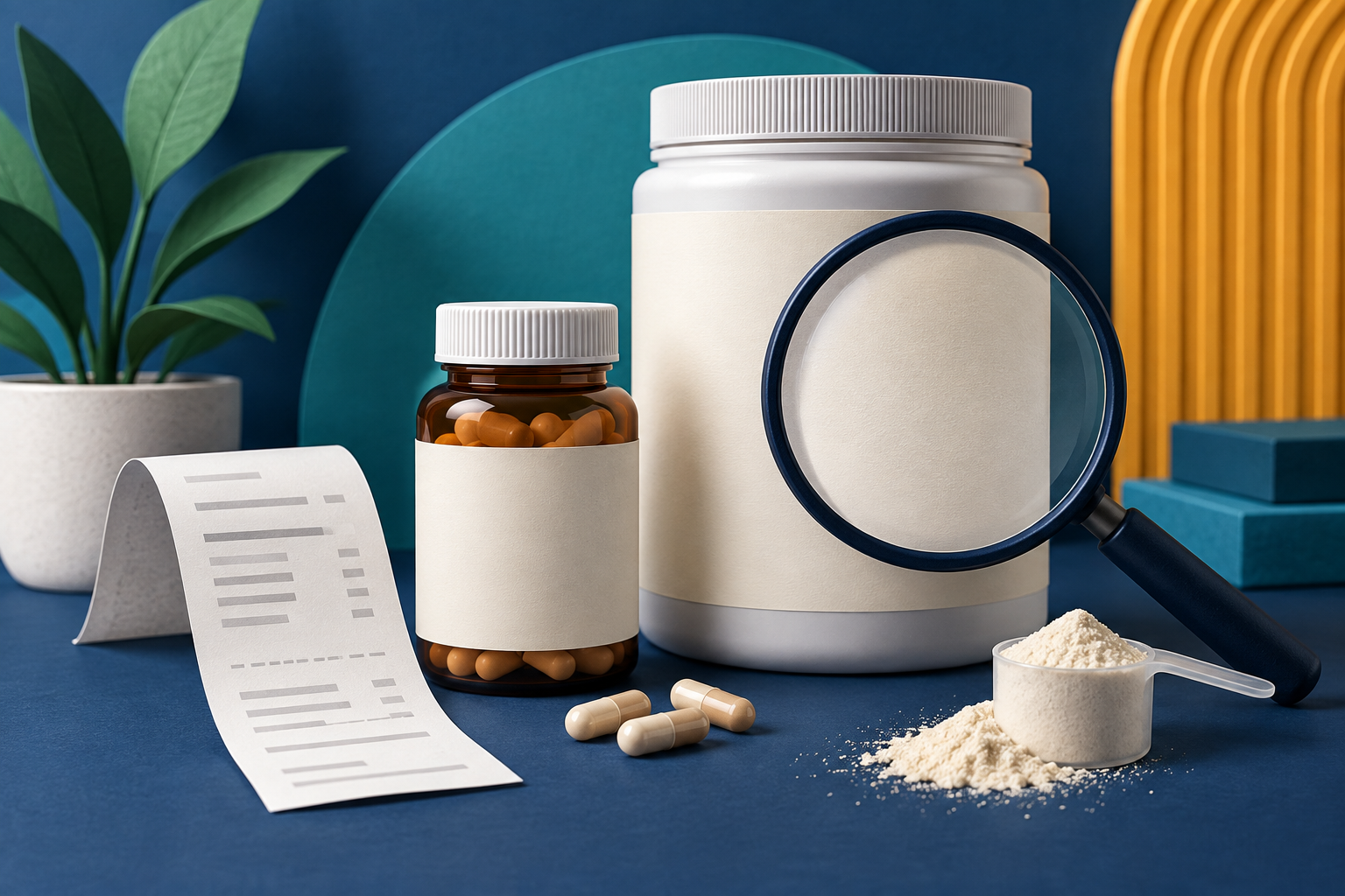 Ilustração de embalagens genéricas de suplementos, lupa e comprovante de compra; não representa os produtos recolhidos.