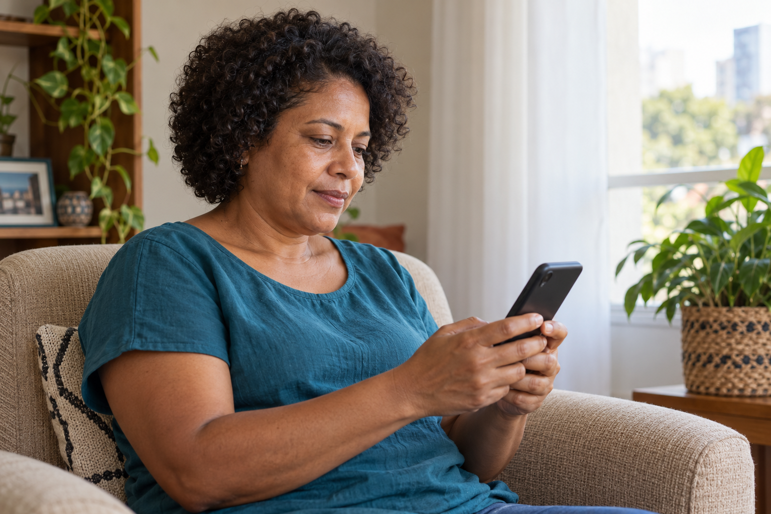 Cena ilustrativa de mulher consultando um celular em casa, com a tela sem informações legíveis.