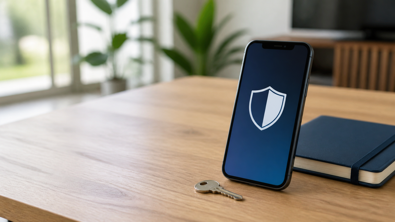 Celular sobre uma mesa com símbolo de proteção na tela