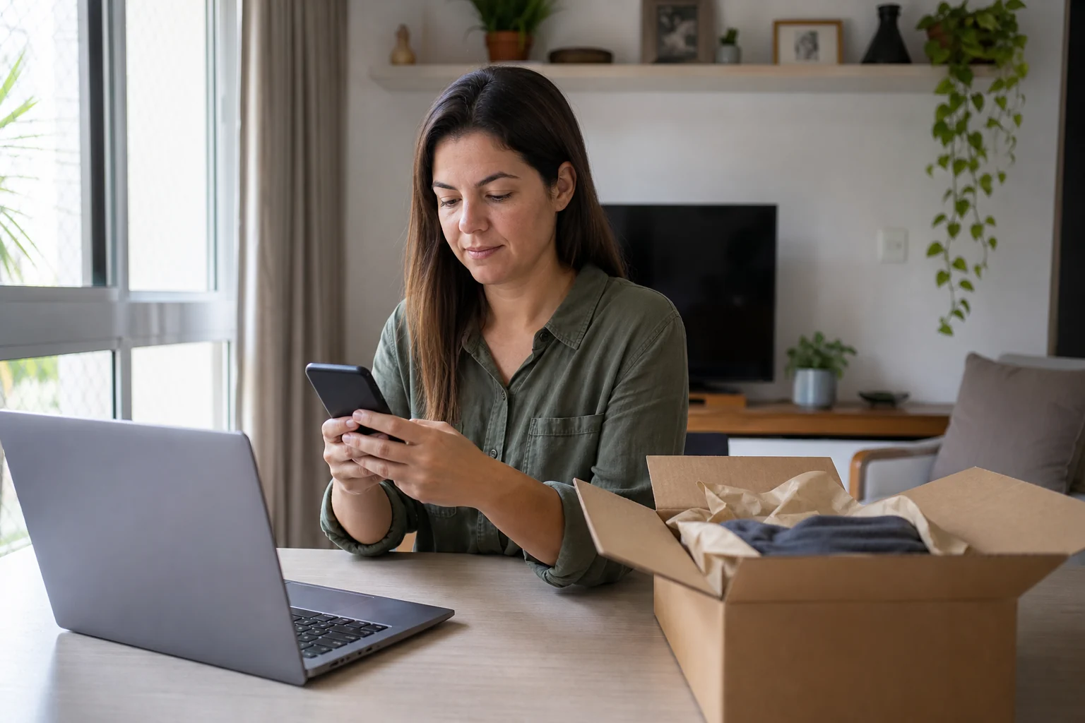Consumidora confere no celular uma compra realizada pela internet