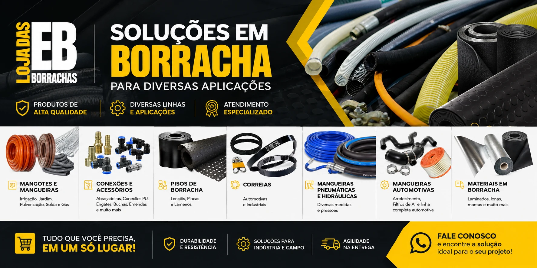 EB Borrachas: soluções em mangueiras, conexões, pisos, correias e materiais em borracha