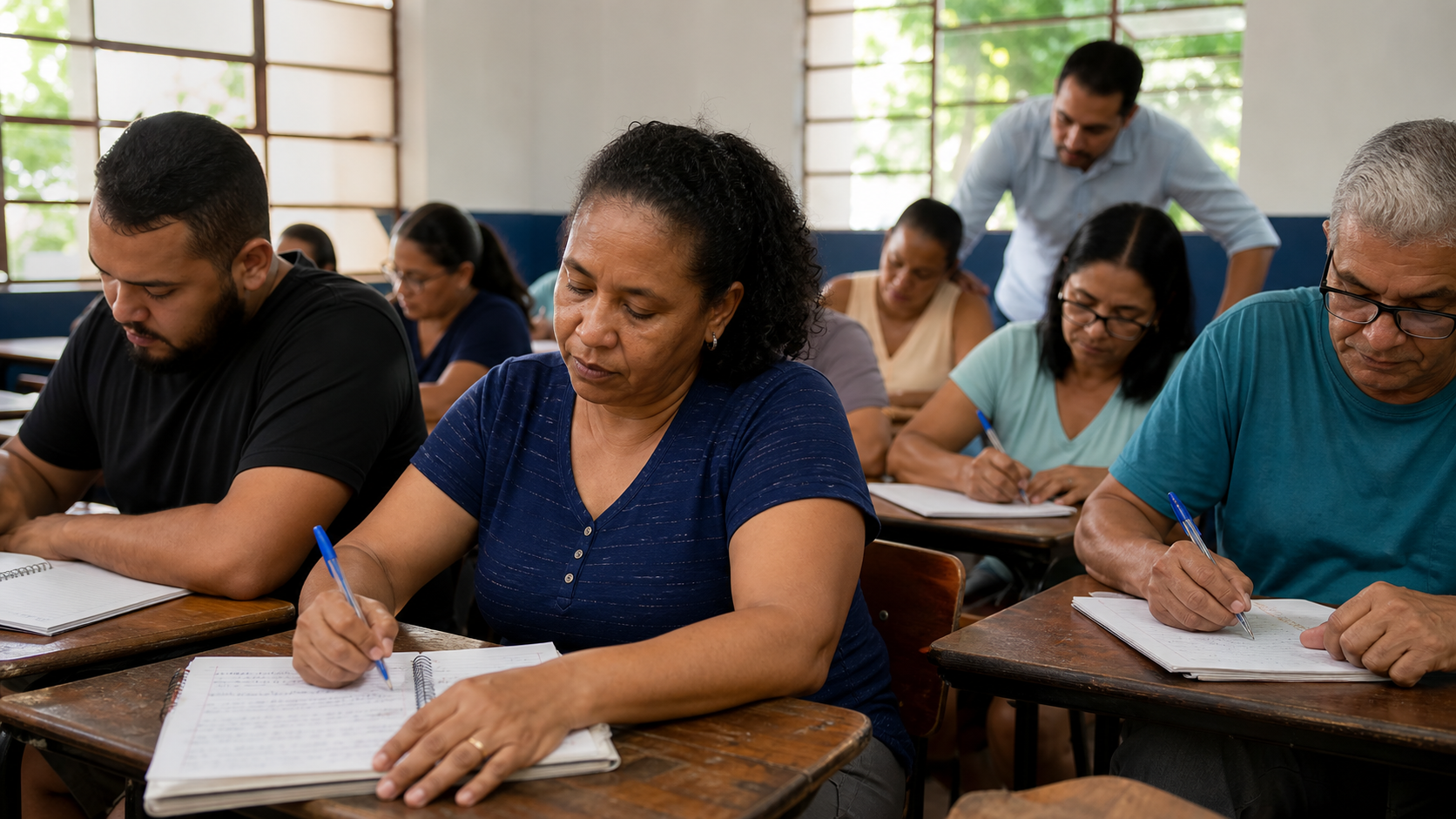 Estudantes adultos escrevem redações em sala de aula