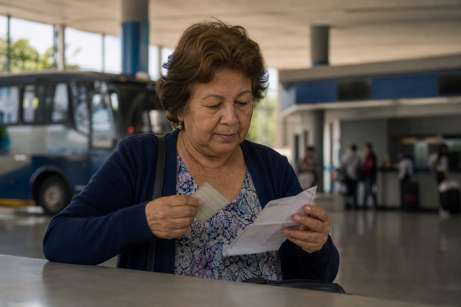 Pessoa idosa confere documento e passagem em um terminal rodoviário
