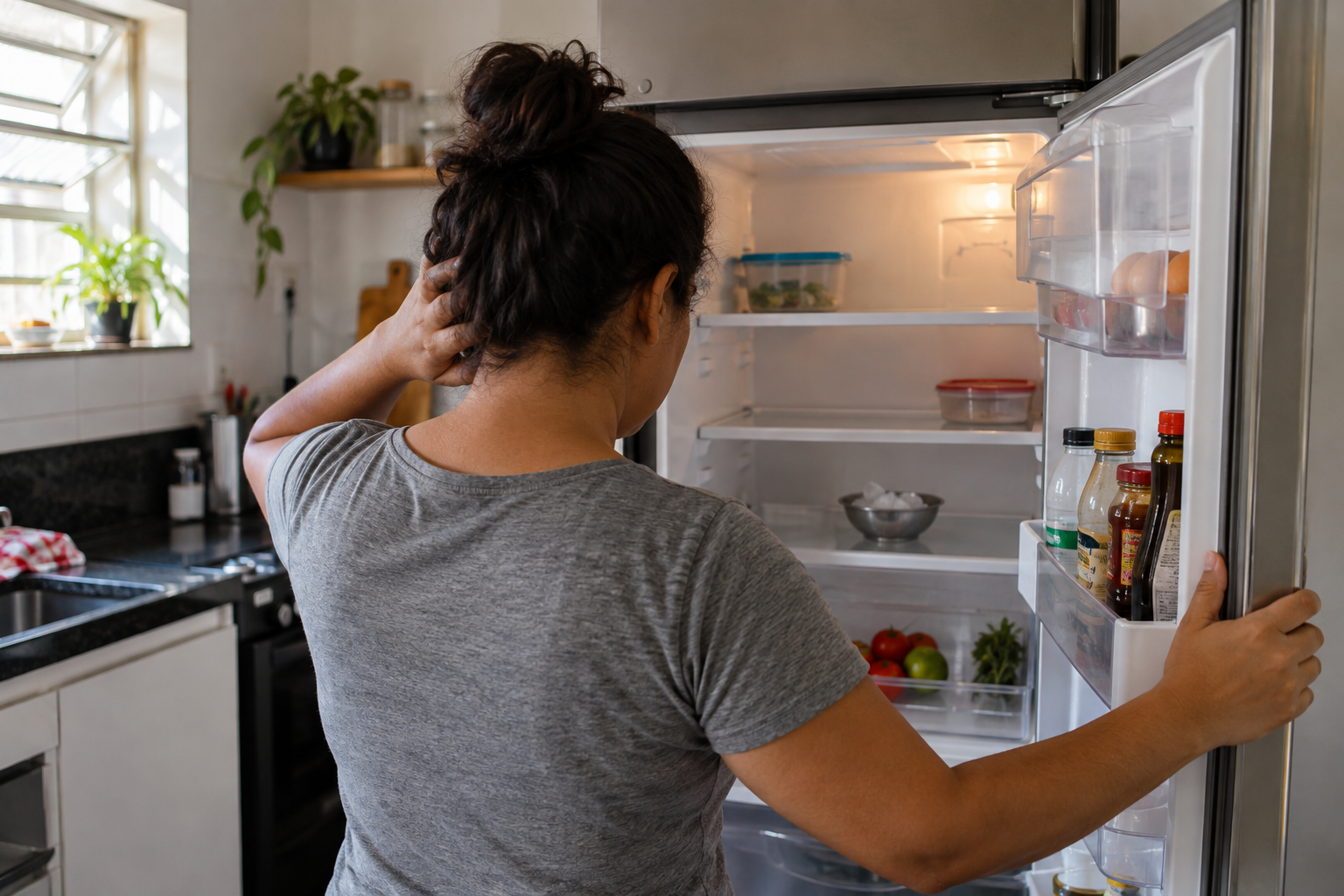 Fotografia ilustrativa gerada por IA de pessoa diante de geladeira aberta em cozinha doméstica