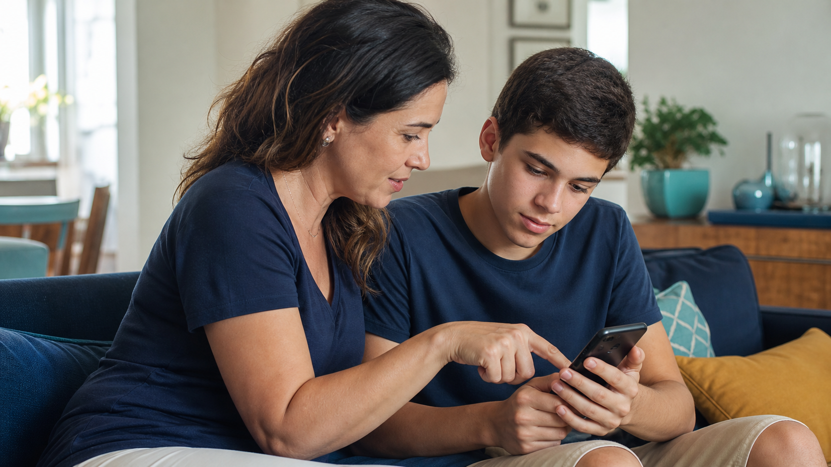 Mãe e filho adolescente revisam juntos configurações de privacidade no celular