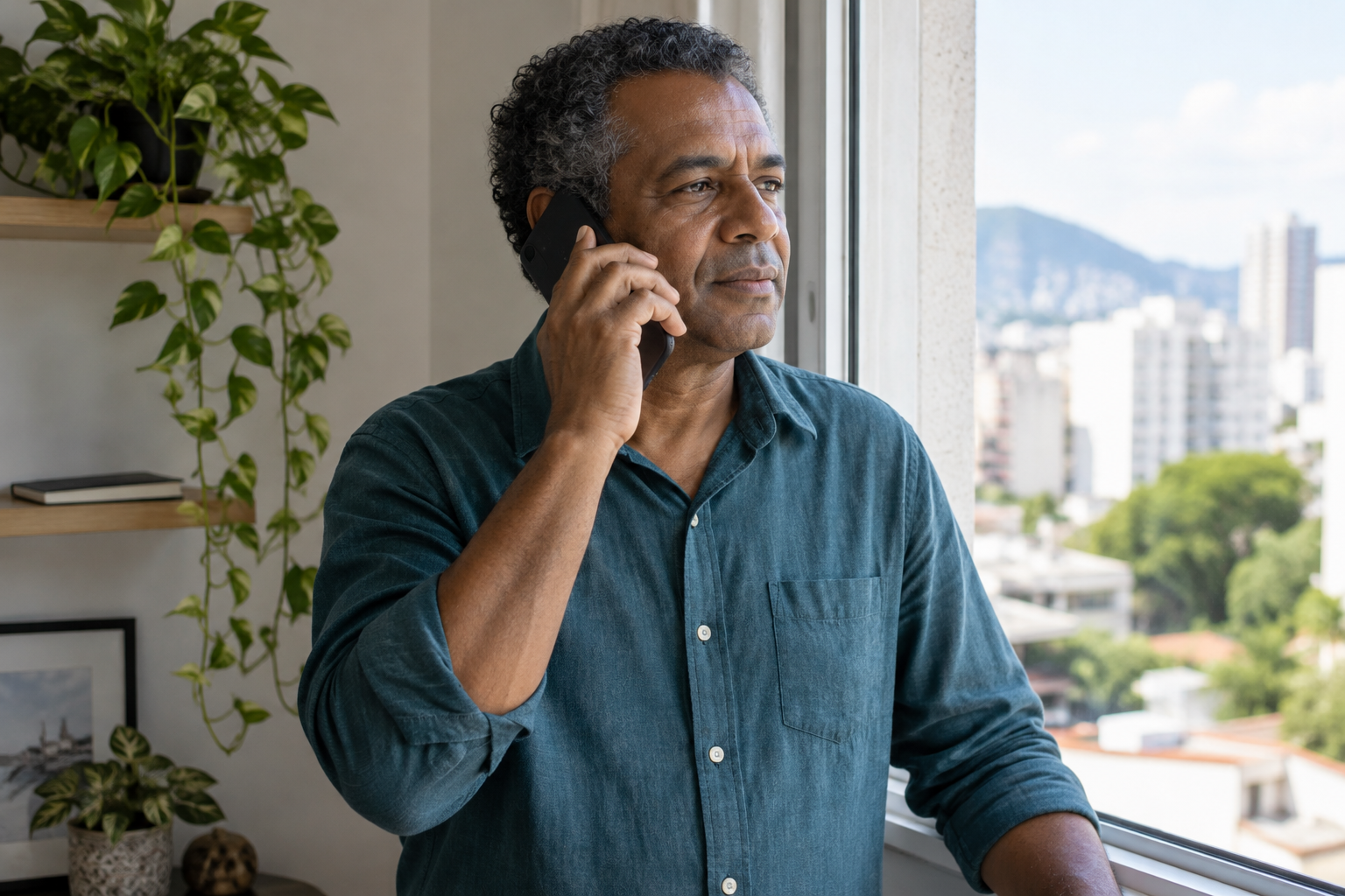 Fotografia ilustrativa gerada por IA: homem conversa por celular ao lado de uma janela; não retrata atendimento real.