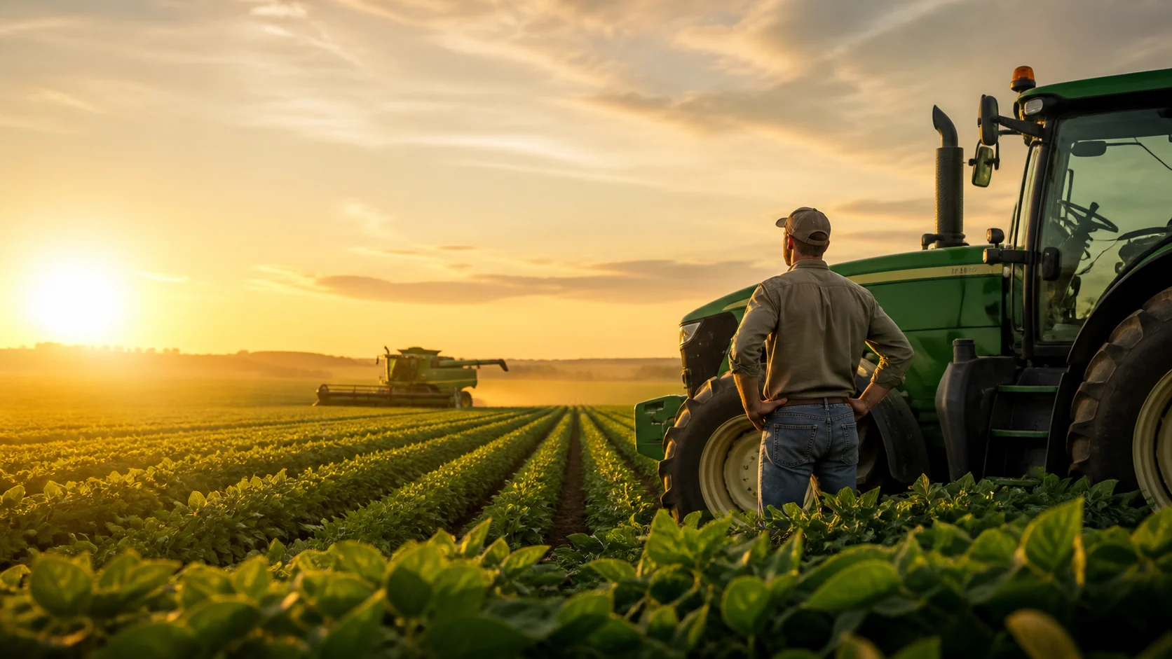 Agricultor ao lado de máquinas agrícolas em uma lavoura ao amanhecer