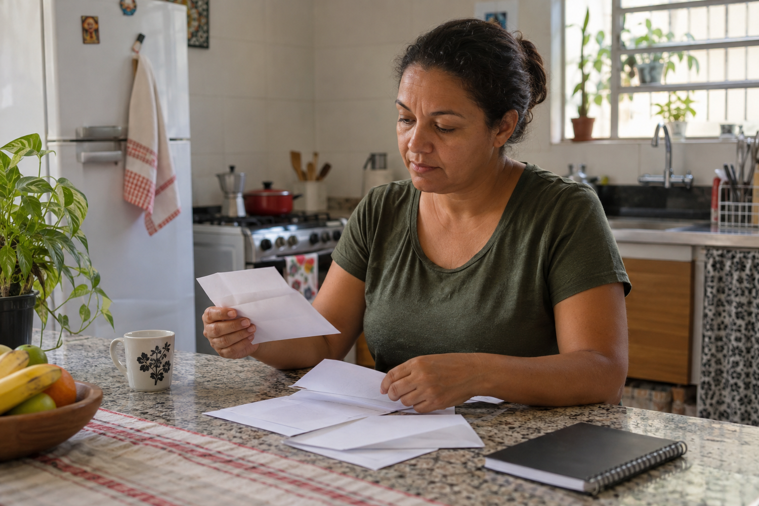 Cena doméstica ilustrativa gerada por IA: mulher organiza envelopes sem inscrições em uma cozinha.