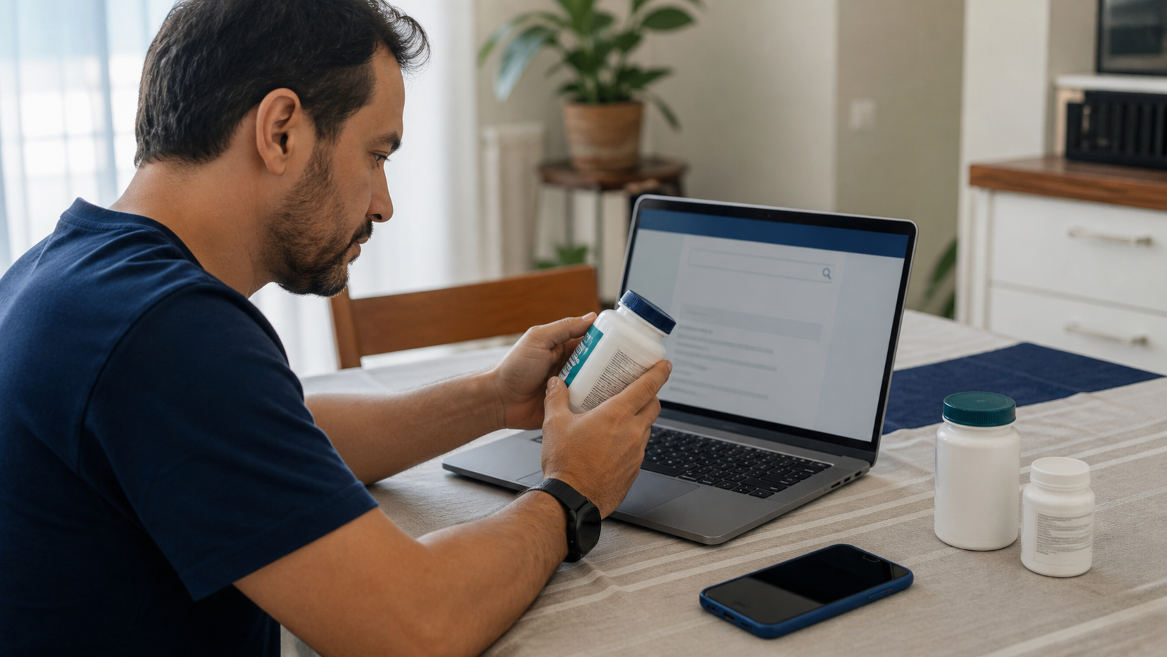 Consumidor compara o rótulo de um suplemento com uma consulta em computador